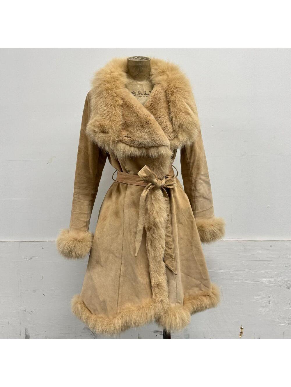 Vintage Y2K Tan Suede Princess Coat Fox Rabbit Fur Trim Penny Lane